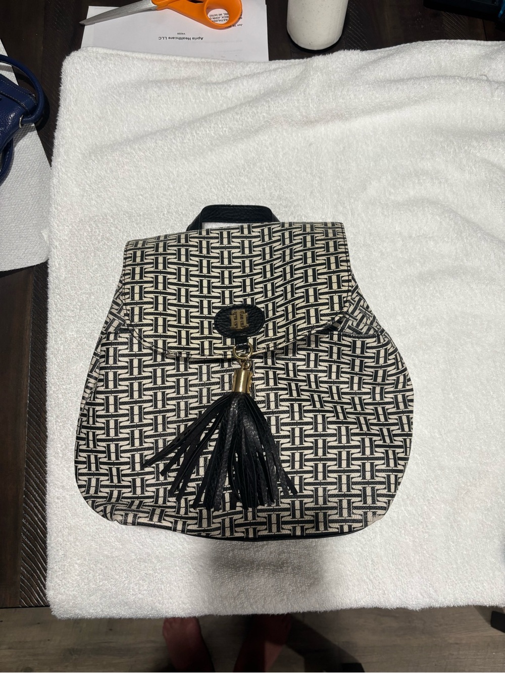 Tommy Hilfiger Black & Cream Patterned Tassel Backpack